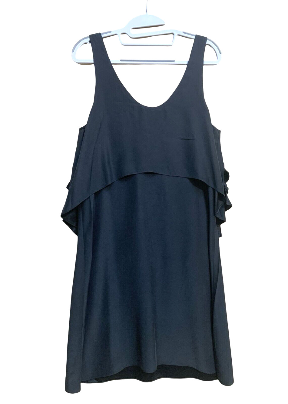 MORGAN CARPER Anthropologie Black Sateen Shift Dress with Back Ruffles Sz 6
